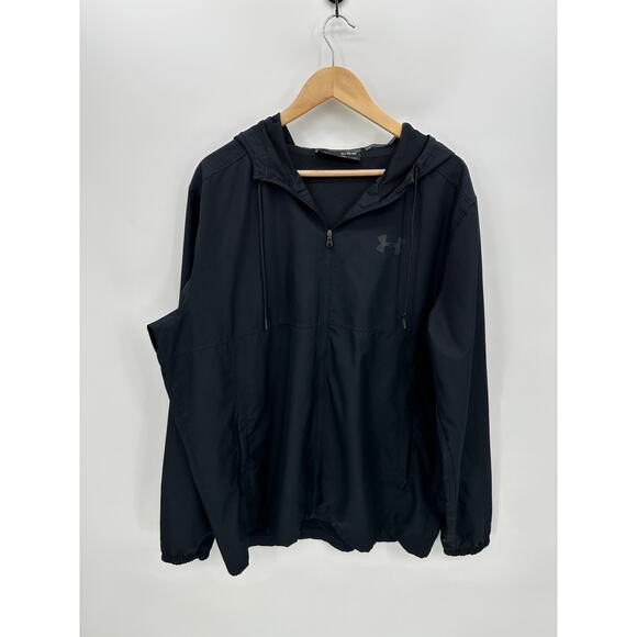 Under Armour Full Zip Jacket Men XL Loose Black Hood Lightweight Windbreaker - Picture 1 of 8